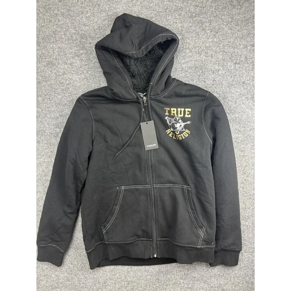 True Religion Hoodie Mens Medium Black Full‎ Zip Fleece Sweatshirt Sherpa Buddha